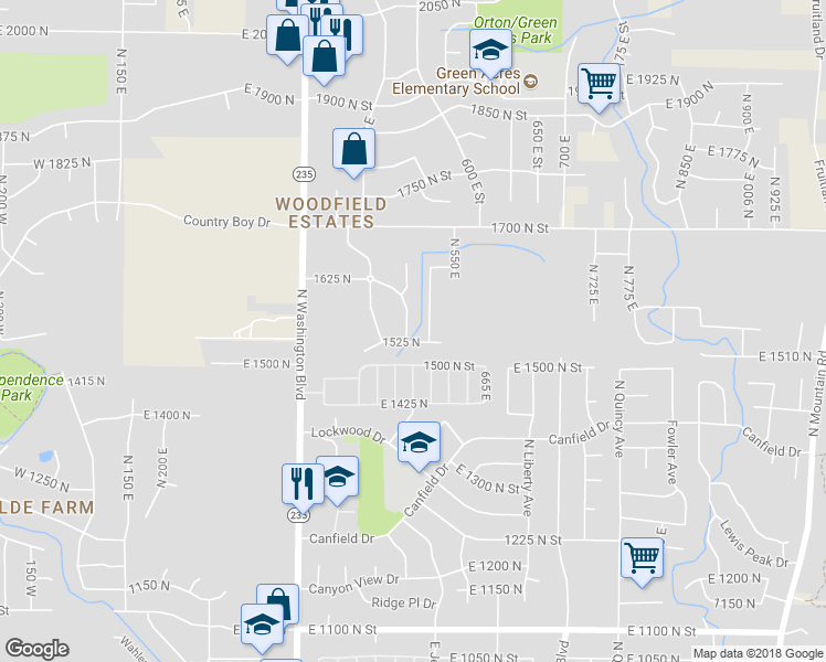 map of restaurants, bars, coffee shops, grocery stores, and more near 1540 North 475 East in North Ogden
