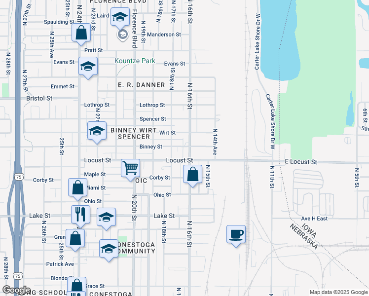map of restaurants, bars, coffee shops, grocery stores, and more near 1609 Binney Street in Omaha