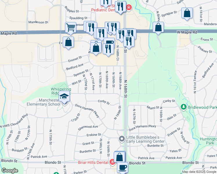 map of restaurants, bars, coffee shops, grocery stores, and more near 2923 N 169th Ave in Omaha