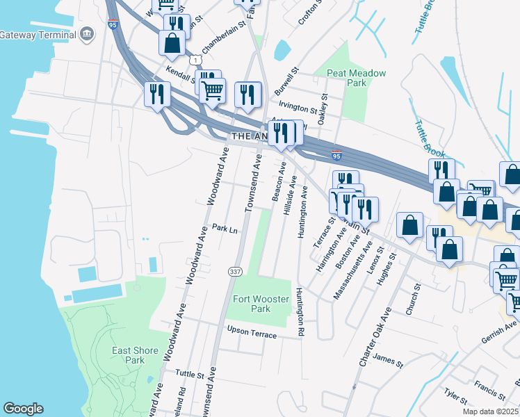 map of restaurants, bars, coffee shops, grocery stores, and more near 20 Frost St in New Haven