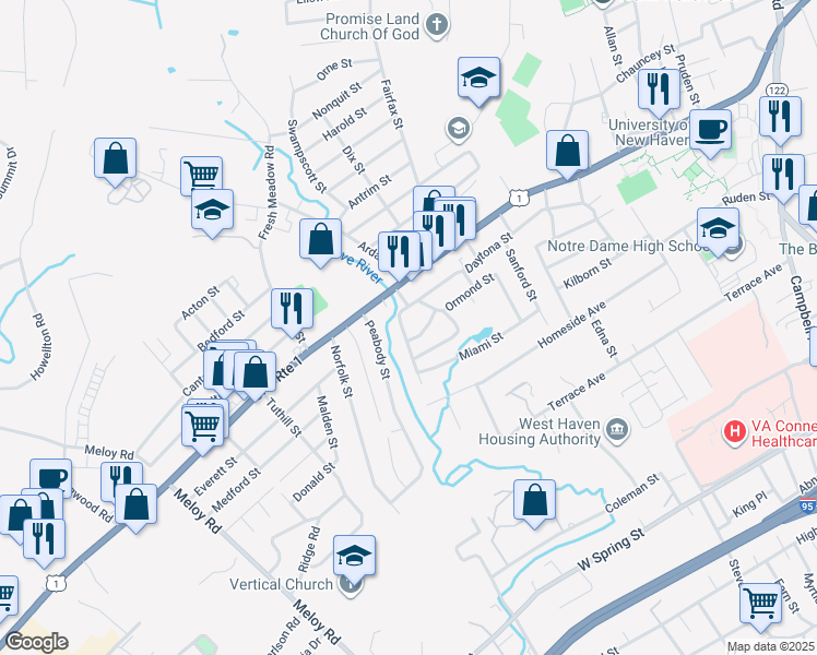 map of restaurants, bars, coffee shops, grocery stores, and more near 18 Hamilton Street in West Haven