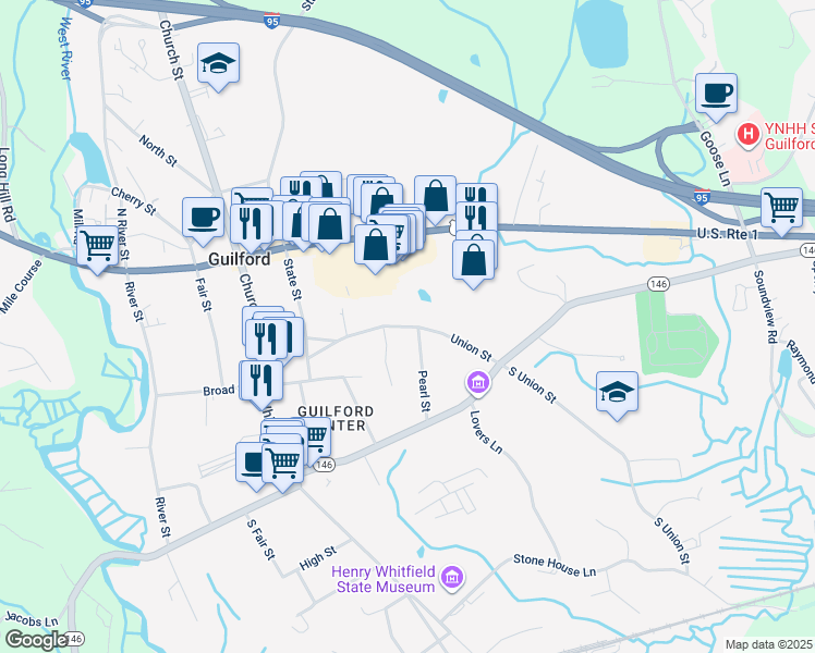 map of restaurants, bars, coffee shops, grocery stores, and more near Union Street in Guilford