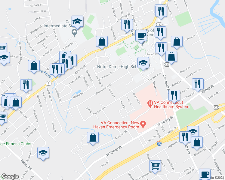 map of restaurants, bars, coffee shops, grocery stores, and more near 13 Edna Street in West Haven