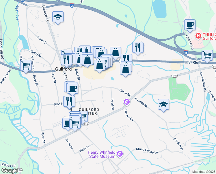 map of restaurants, bars, coffee shops, grocery stores, and more near Union Street in Guilford