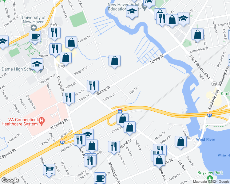 map of restaurants, bars, coffee shops, grocery stores, and more near 29 Clifton Street in West Haven