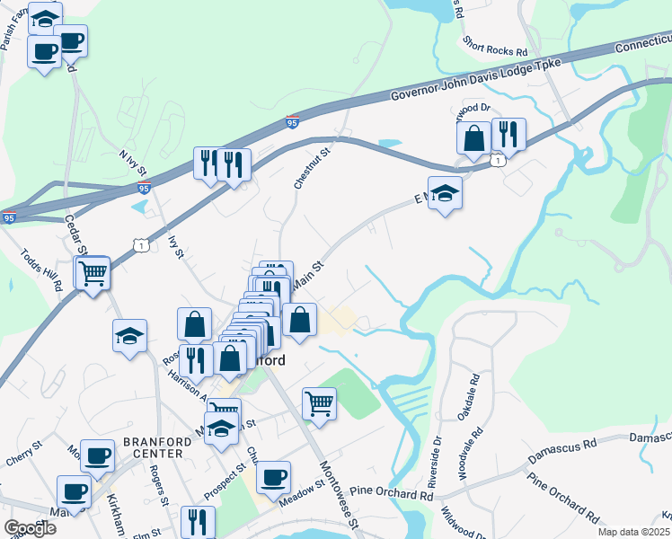 map of restaurants, bars, coffee shops, grocery stores, and more near 18 Village Green Court in Branford