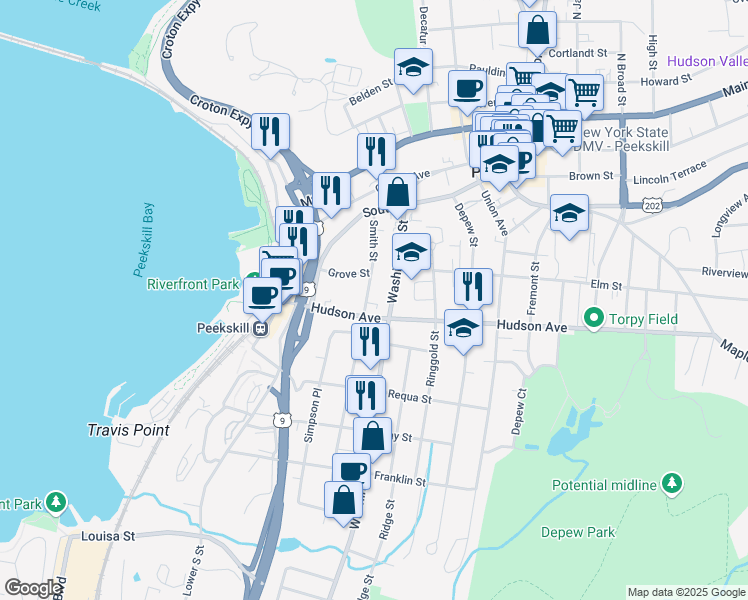 map of restaurants, bars, coffee shops, grocery stores, and more near 225 Smith Street in Peekskill