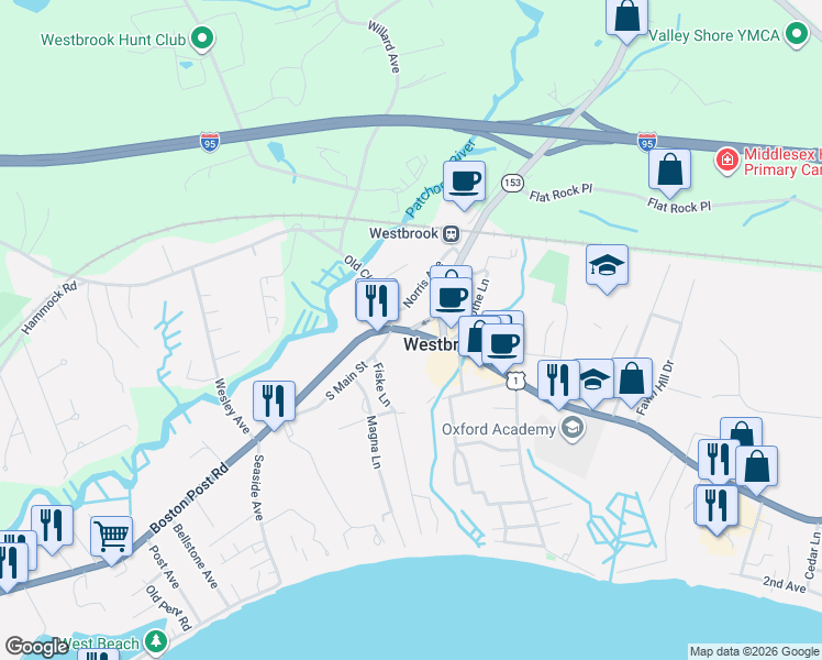 map of restaurants, bars, coffee shops, grocery stores, and more near 66 Essex Road in Westbrook