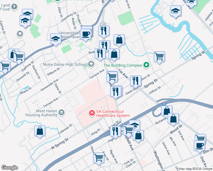 map of restaurants, bars, coffee shops, grocery stores, and more near 1004 Campbell Avenue in West Haven