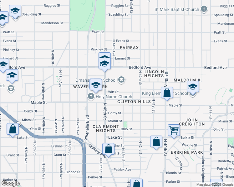 map of restaurants, bars, coffee shops, grocery stores, and more near 4277 Wirt Street in Omaha