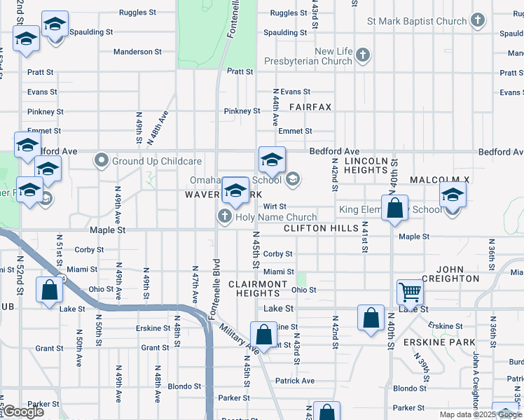 map of restaurants, bars, coffee shops, grocery stores, and more near 3019 North 45th Street in Omaha