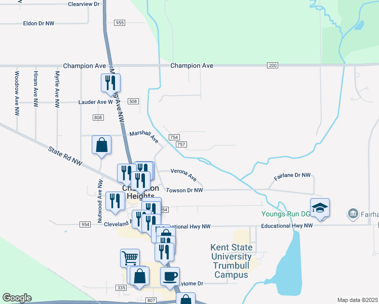 map of restaurants, bars, coffee shops, grocery stores, and more near 1360 Township Highway 757 in Warren