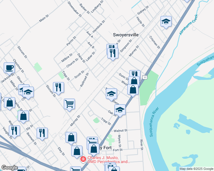 map of restaurants, bars, coffee shops, grocery stores, and more near 102 Bedford Street in Forty Fort