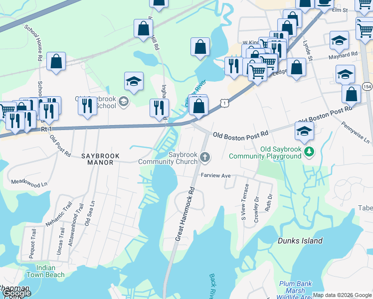 map of restaurants, bars, coffee shops, grocery stores, and more near 25 Sunset Road in Old Saybrook
