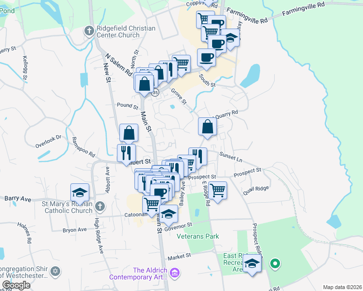 map of restaurants, bars, coffee shops, grocery stores, and more near 77 Sunset Lane in Ridgefield