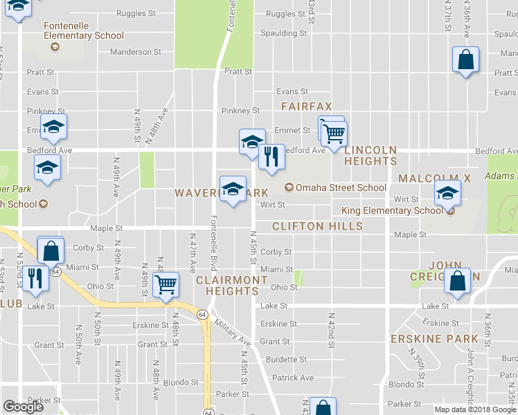 map of restaurants, bars, coffee shops, grocery stores, and more near 3019 North 45th Street in Omaha
