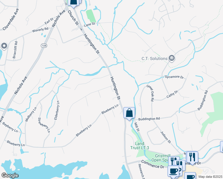 map of restaurants, bars, coffee shops, grocery stores, and more near 243 Huntington Street in Shelton