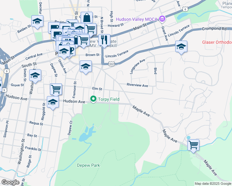 map of restaurants, bars, coffee shops, grocery stores, and more near 1217 Elm Street in Peekskill