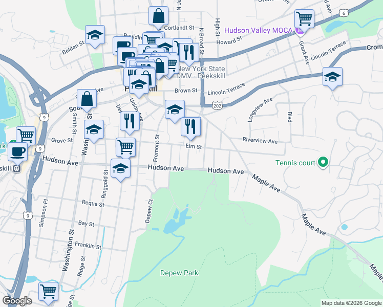 map of restaurants, bars, coffee shops, grocery stores, and more near 1119 Elm Street in Peekskill