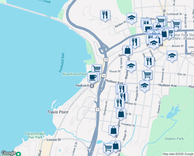map of restaurants, bars, coffee shops, grocery stores, and more near 414 Hudson Avenue in Peekskill