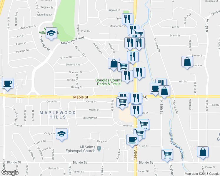 map of restaurants, bars, coffee shops, grocery stores, and more near 3012 Menke Circle in Omaha