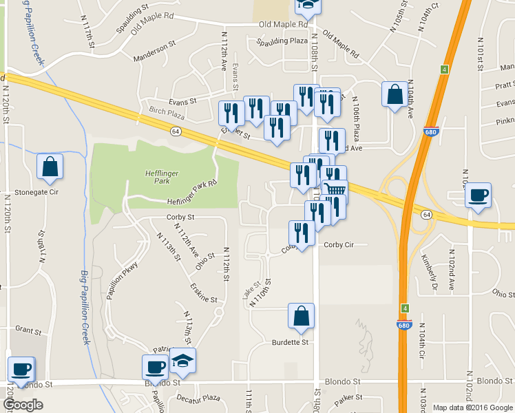 map of restaurants, bars, coffee shops, grocery stores, and more near 11118 Cottonwood Plaza in Omaha