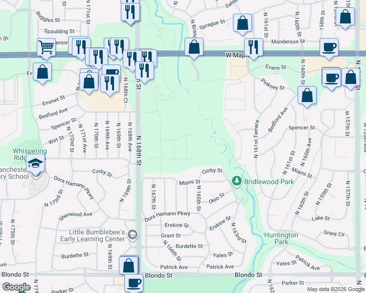 map of restaurants, bars, coffee shops, grocery stores, and more near 2915 North 168th Avenue in Omaha