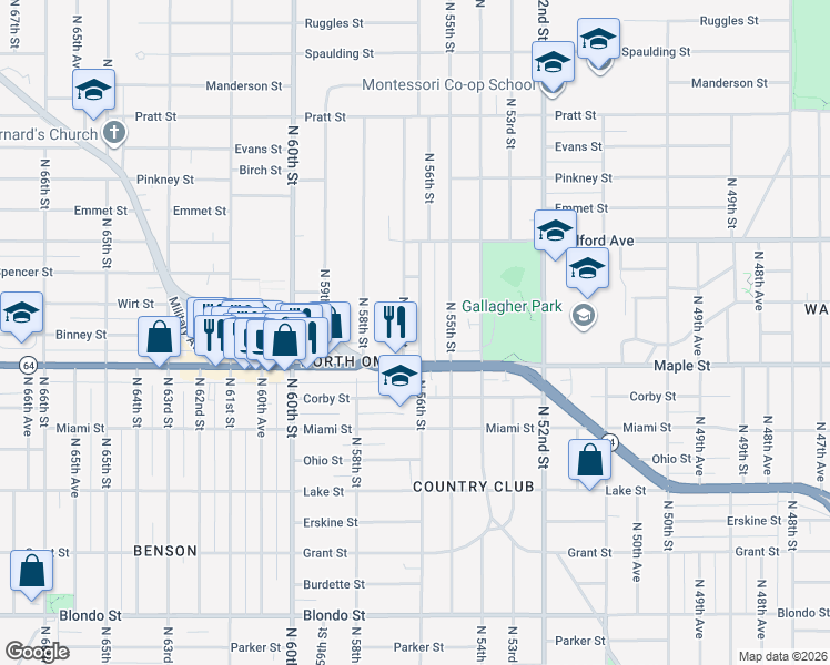 map of restaurants, bars, coffee shops, grocery stores, and more near 2926 North 56th Street in Omaha