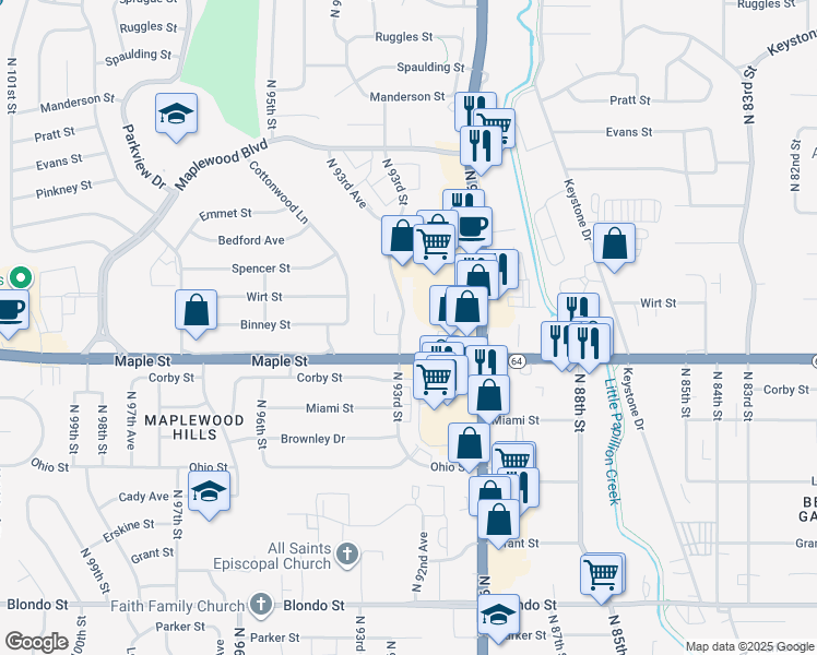 map of restaurants, bars, coffee shops, grocery stores, and more near 2909 North 93rd Street in Omaha