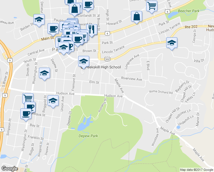 map of restaurants, bars, coffee shops, grocery stores, and more near 1217 Elm Street in Peekskill