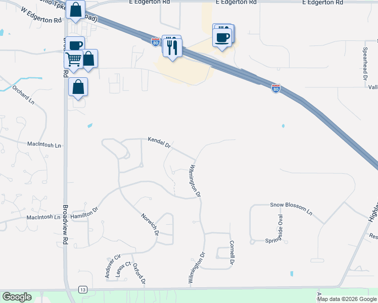 map of restaurants, bars, coffee shops, grocery stores, and more near 1642 Kendal Drive in Broadview Heights