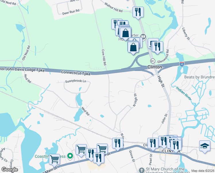 map of restaurants, bars, coffee shops, grocery stores, and more near 41 Cow Hill Road in Clinton
