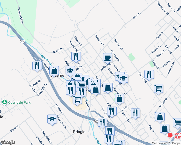 map of restaurants, bars, coffee shops, grocery stores, and more near 667 Walnut Street in Luzerne