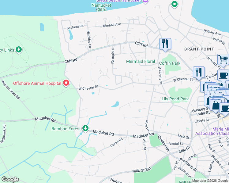 map of restaurants, bars, coffee shops, grocery stores, and more near 84 West Chester Street in Nantucket