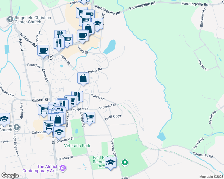 map of restaurants, bars, coffee shops, grocery stores, and more near 77 Sunset Lane in Ridgefield