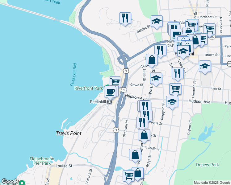 map of restaurants, bars, coffee shops, grocery stores, and more near 50 Hudson Avenue in Peekskill