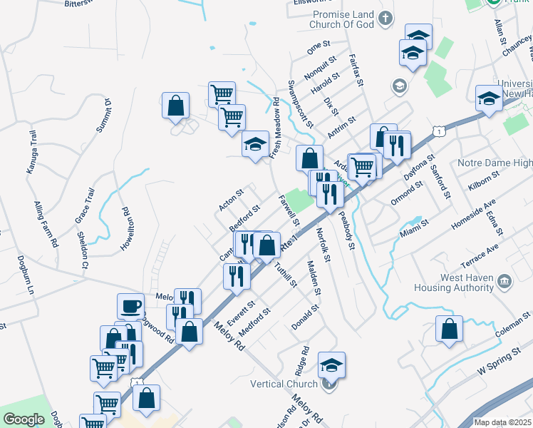 map of restaurants, bars, coffee shops, grocery stores, and more near 29 Canton Street in West Haven