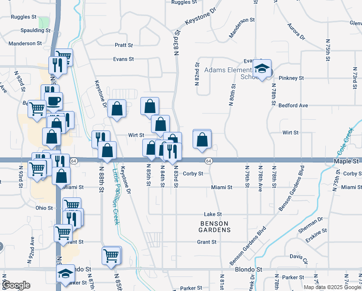 map of restaurants, bars, coffee shops, grocery stores, and more near 2925 North 83rd Street in Omaha