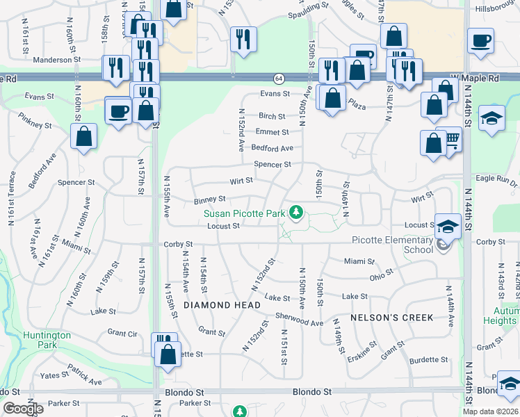 map of restaurants, bars, coffee shops, grocery stores, and more near 2918 North 152nd Street in Omaha