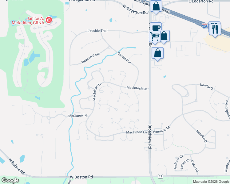 map of restaurants, bars, coffee shops, grocery stores, and more near 1520 Brighton Way in Broadview Heights