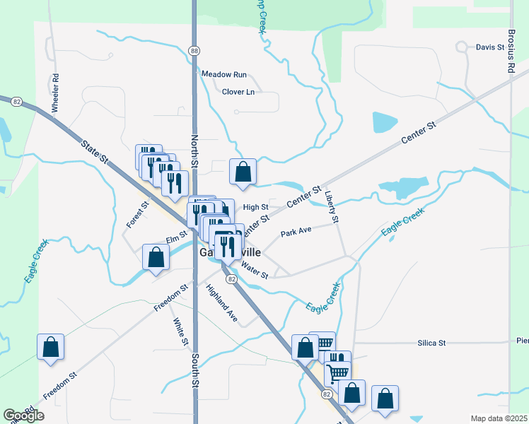 map of restaurants, bars, coffee shops, grocery stores, and more near 8192 High Street in Garrettsville