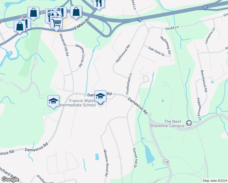 map of restaurants, bars, coffee shops, grocery stores, and more near 200 Damascus Road in Branford
