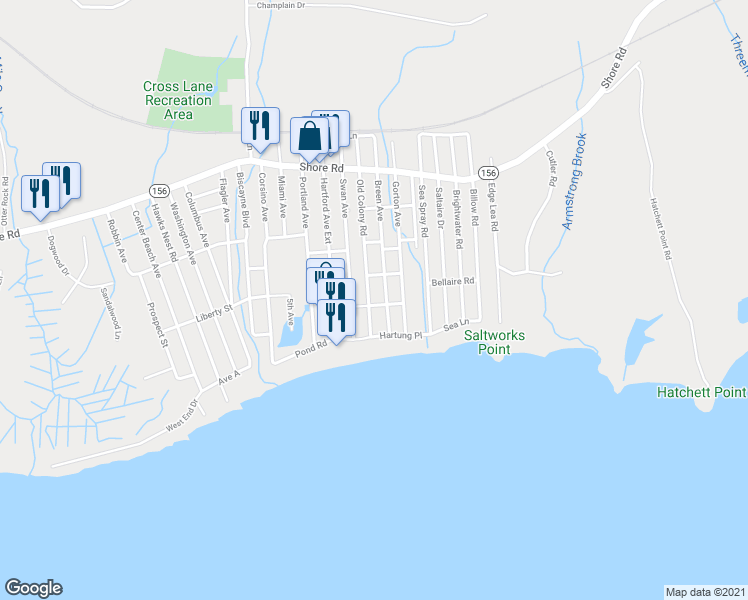 map of restaurants, bars, coffee shops, grocery stores, and more near 64 Old Colony Road in Old Lyme