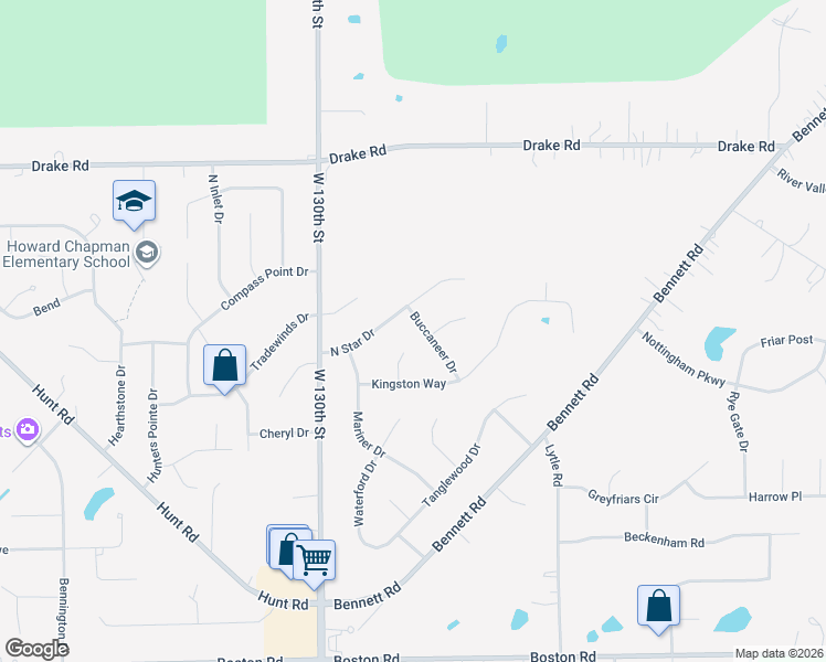 map of restaurants, bars, coffee shops, grocery stores, and more near 18240 Buccaneer Drive in North Royalton