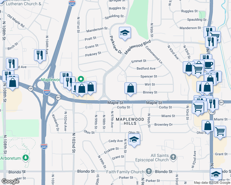 map of restaurants, bars, coffee shops, grocery stores, and more near 3022 1/2 North 97th Street in Omaha