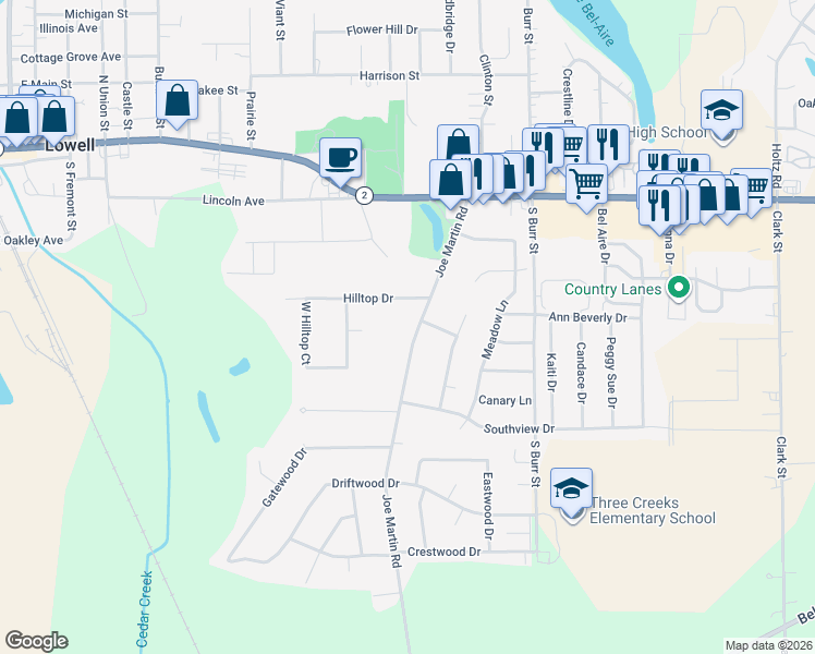 map of restaurants, bars, coffee shops, grocery stores, and more near 418 Joe Martin Road in Lowell