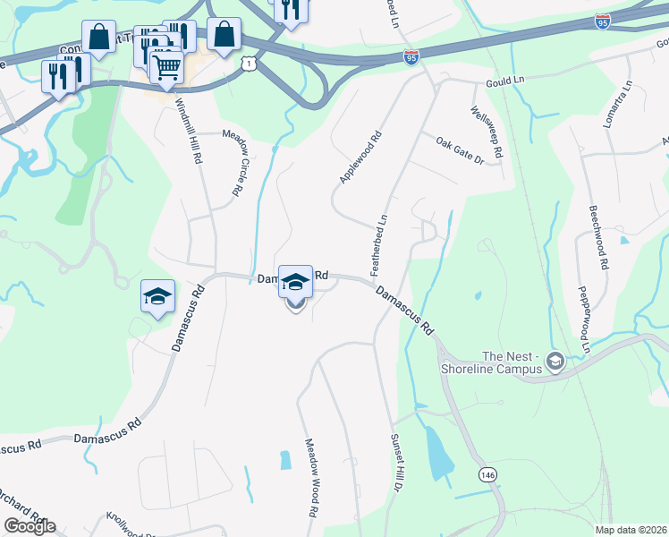 map of restaurants, bars, coffee shops, grocery stores, and more near 200 Damascus Road in Branford
