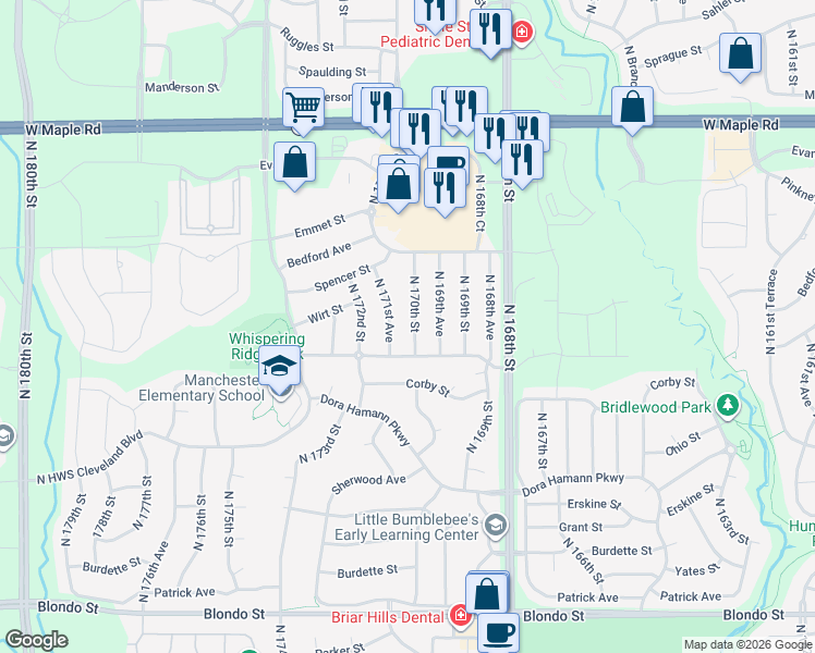 map of restaurants, bars, coffee shops, grocery stores, and more near 3004 North 170th Street in Omaha