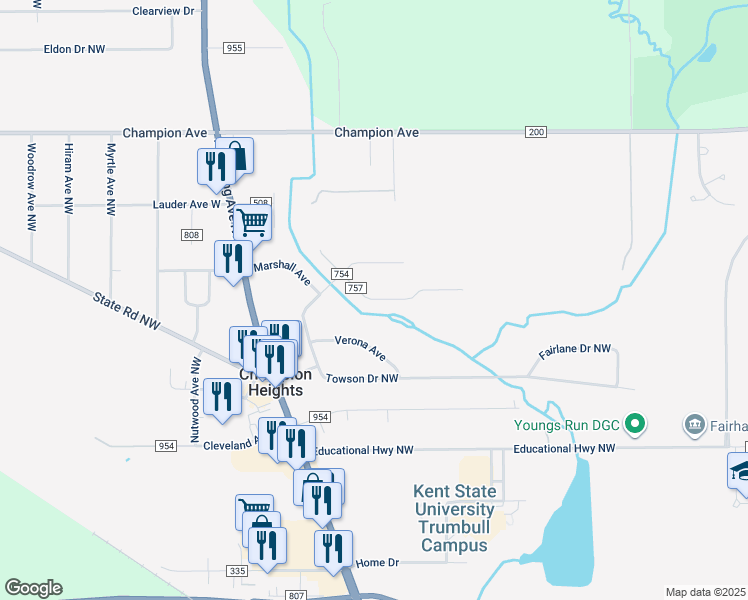 map of restaurants, bars, coffee shops, grocery stores, and more near 1360 Township Highway 757 in Warren