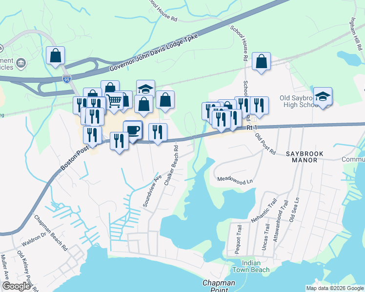 map of restaurants, bars, coffee shops, grocery stores, and more near 1500 Boston Post Road in Old Saybrook